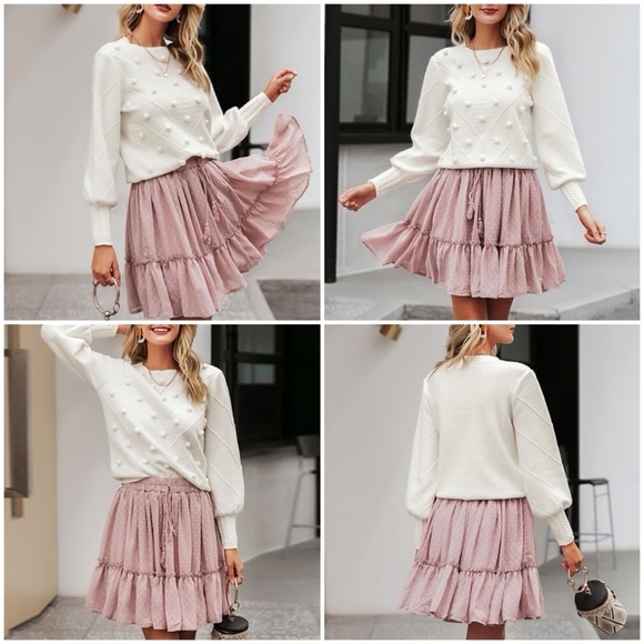 White Pom Pom Bishop Sleeve Pullover Sweater - Picture 3 of 8